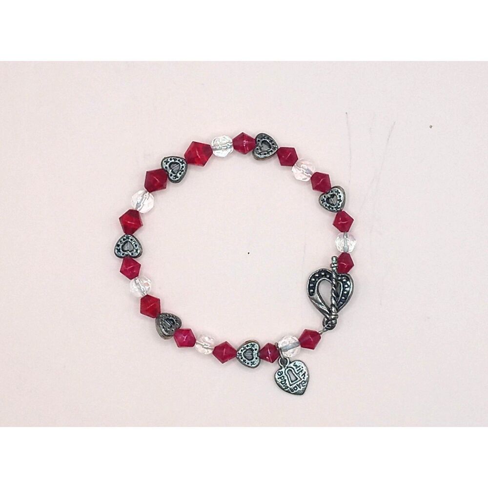 Antiqued Metal Hearts & Bicone Crystal Beads "Made with Love" Charm Bracelet